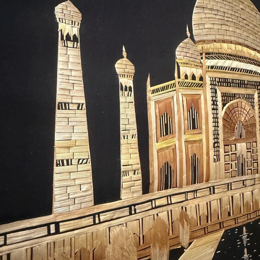Vintage Straw Art Taj Mahal Wall Hanging India Reed Mosaic Mid Century Handmade‎